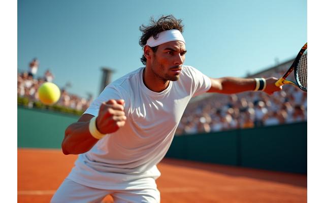Rafael Nadal golpeando una bola de tenis